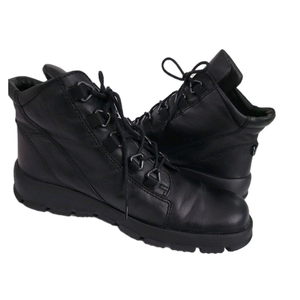 Ecco Black Leather Combat Boots Latex Sole Outdoor Gore-Tex Eyelet Womens Sz 6